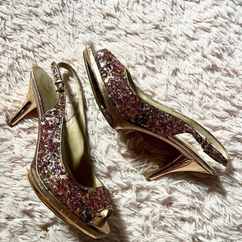 Pink Gold Sequin Glamour Peep Toe Slingback‎ Heels Womens 9 Sparkle Birthday